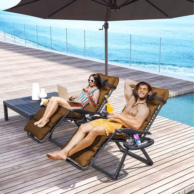 Outsunny Brown Reclining Folding Zero Gravity Chairs with Side Tray and Armrests