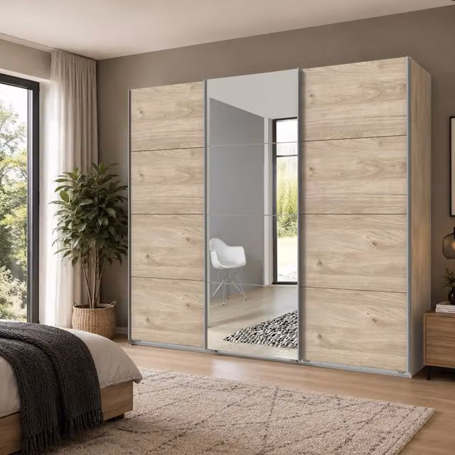 KDMD Ernie 3 Door Mirrored Sliding Wardrobe in Hickory Oak Brown, Width: 270 cm – 1
