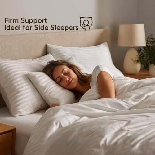 Opulent Home Pack of 1 White Striped Medium-Firm Microfibre Pillows with Anti-Allergy Hollowfibre Filling for Side Sleepers – 2