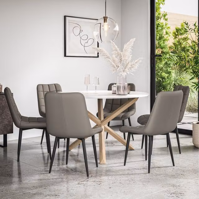 More4Homes Malvern Round Marble Effect Dining Table Set with Oak Legs and 6 Grey Nova Dining Chairs