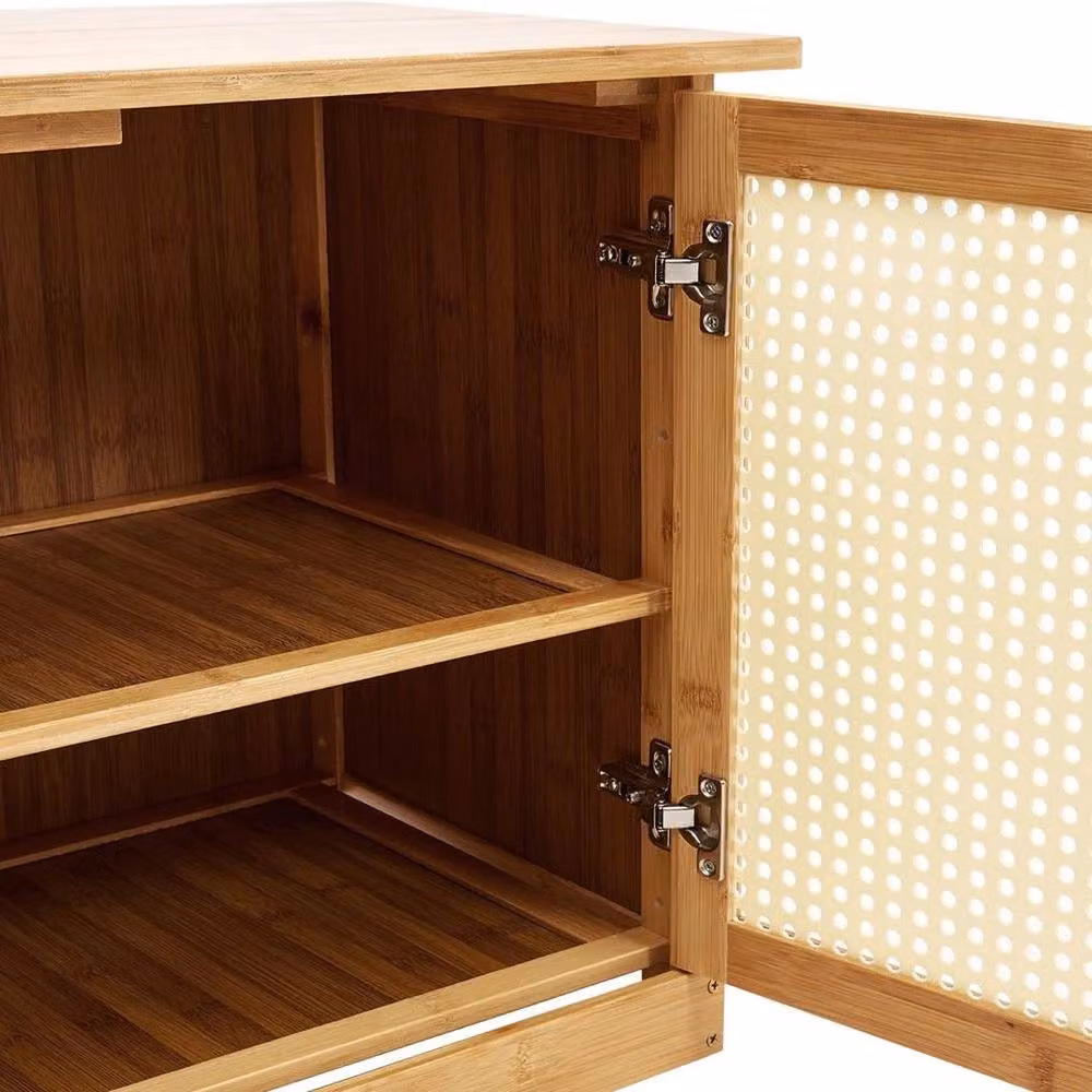 KORVIXA Rustic Brown Natural Wood and Rattan 4-Door Shoe Storage Bench – 2
