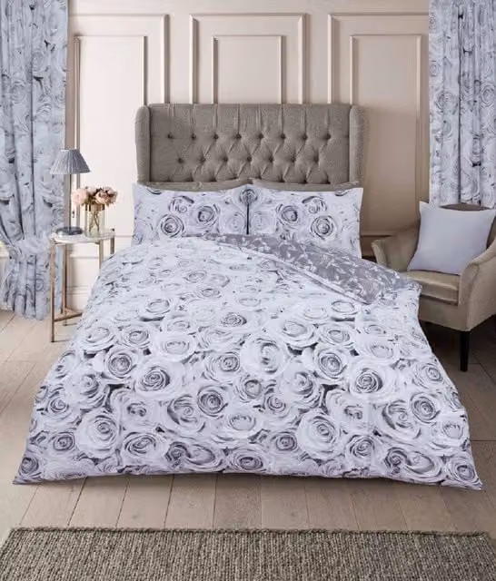 Smart Living Bellerose Printed Polycotton Duvet Cover and Pillowcases, Grey, W/D/H: 135 x 200 cm and 50 x 75 cm