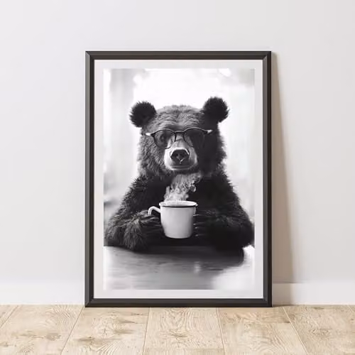 60 Second Makeover Funny Bear Drinking Coffee Paper Poster, A3, Multicolour