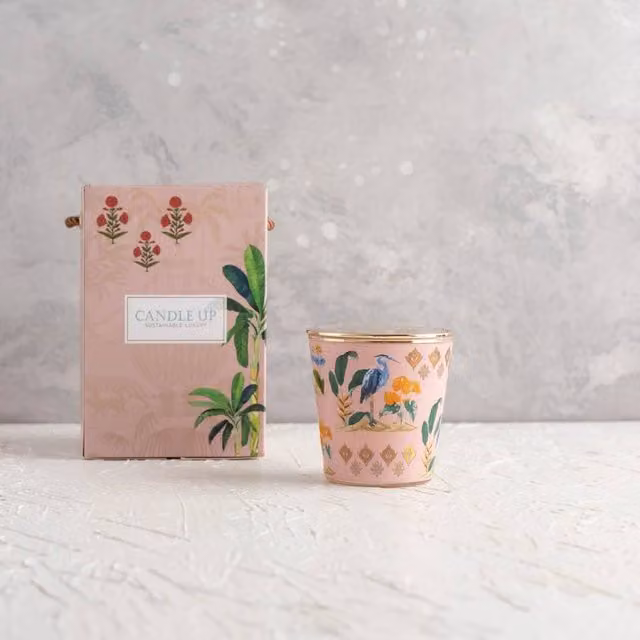 Candle Up Gulabi Pink Soy Wax Votive Candle with Floral and Woody Scent in a Multicolour Gold Glass Container