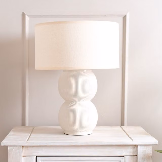 ValueLights Gemma Stacked Ribbed Ceramic Table Lamp with Fabric Drum Shade and Bulb in White