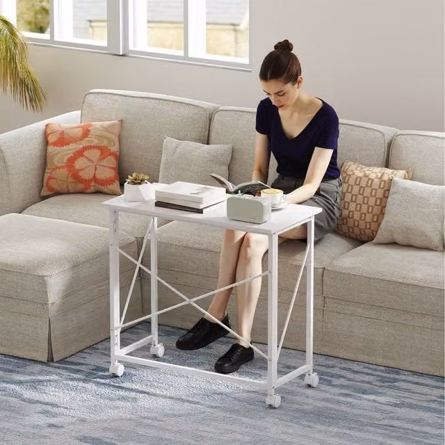 HOMCOM Small Folding Computer Desk with Castors, White