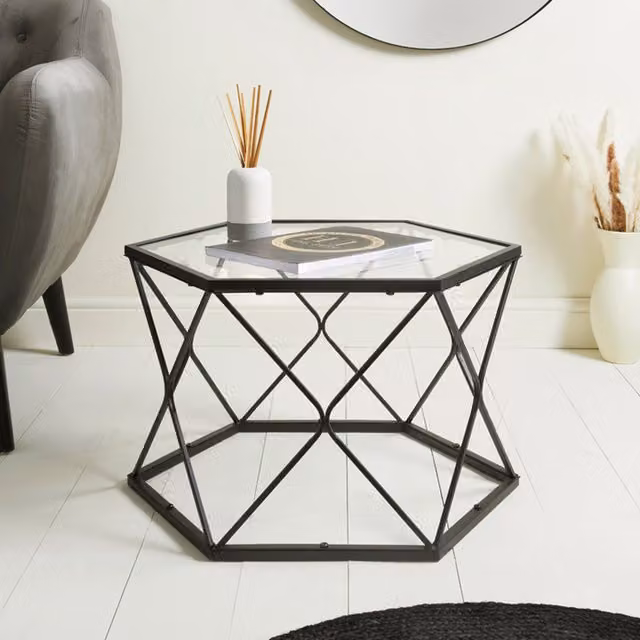Spot On Dealz Modern Hexagon Glass and Metal Coffee Table in Black