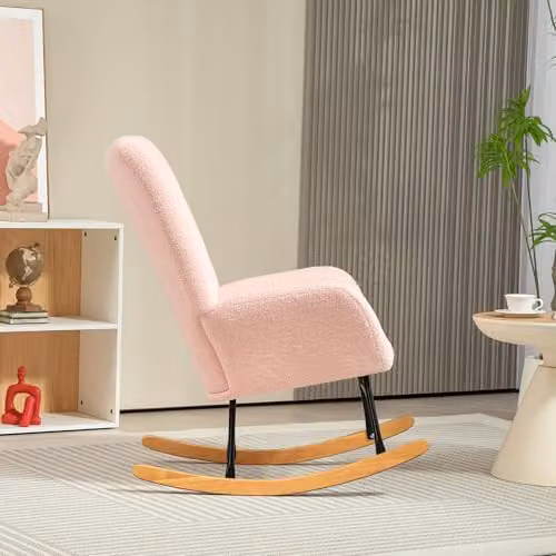 HOMCOM Modern Pink Bouclé Rocking Chair with Armrests and Metal Frame – 2
