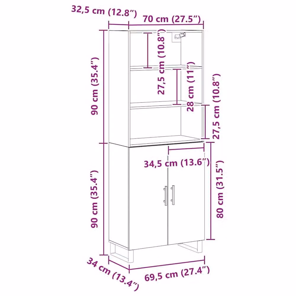 Berkfield Home Black Oak Highboard W/D/H: 69.5 x 34 x 180 cm – 3