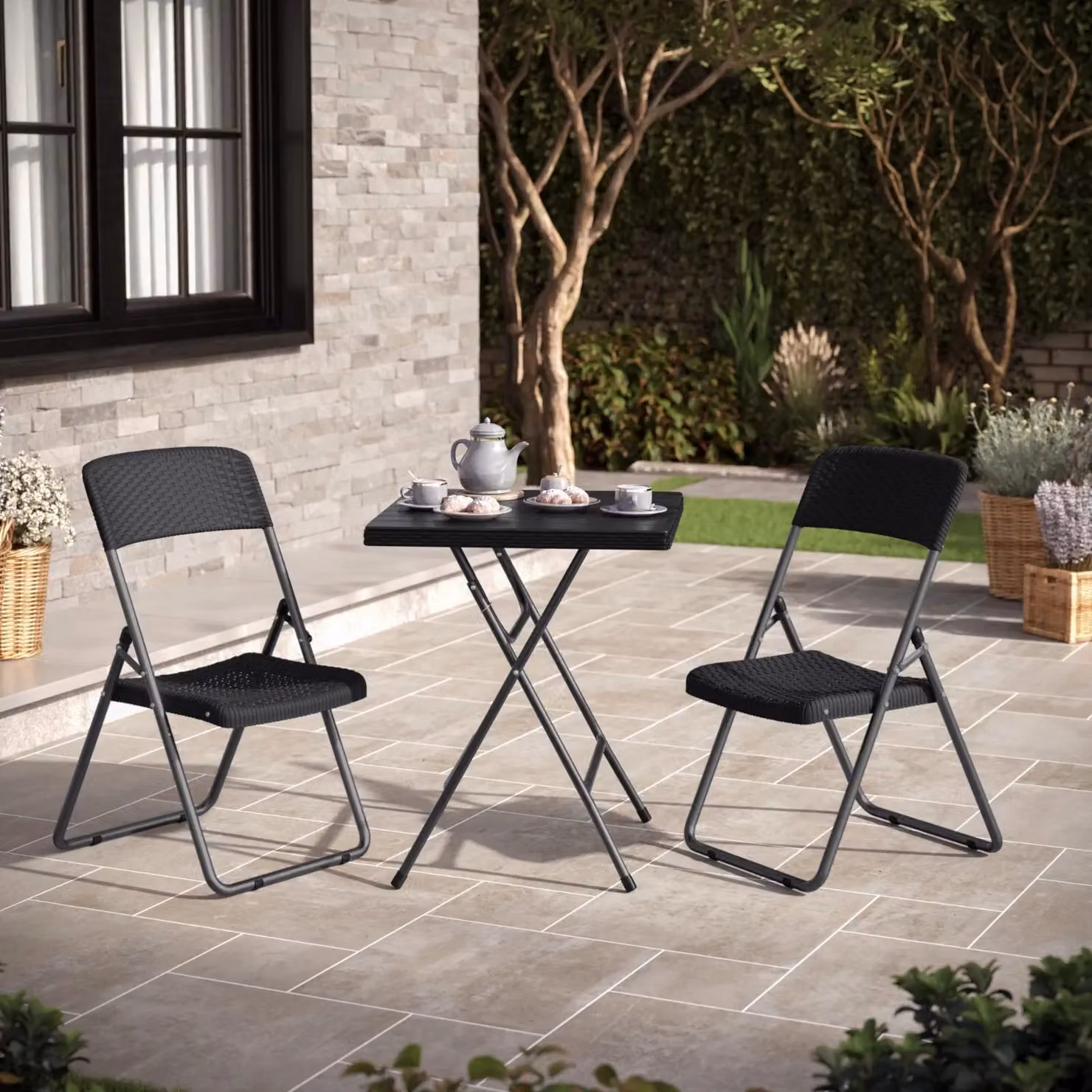 EONLION Black Rattan Wood Look Square Folding Table for Garden and Patio, W: 60 cm, D: 60 cm, H: 73 cm – 4