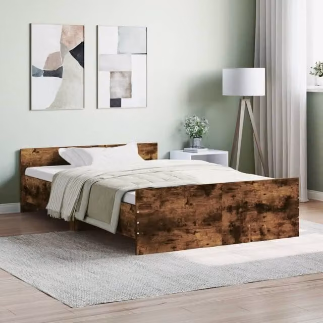Berkfield Home Small Double Bed Frame with Headboard and Footboard in Smoked Oak Brown, W/D/H: 120 x 200 cm