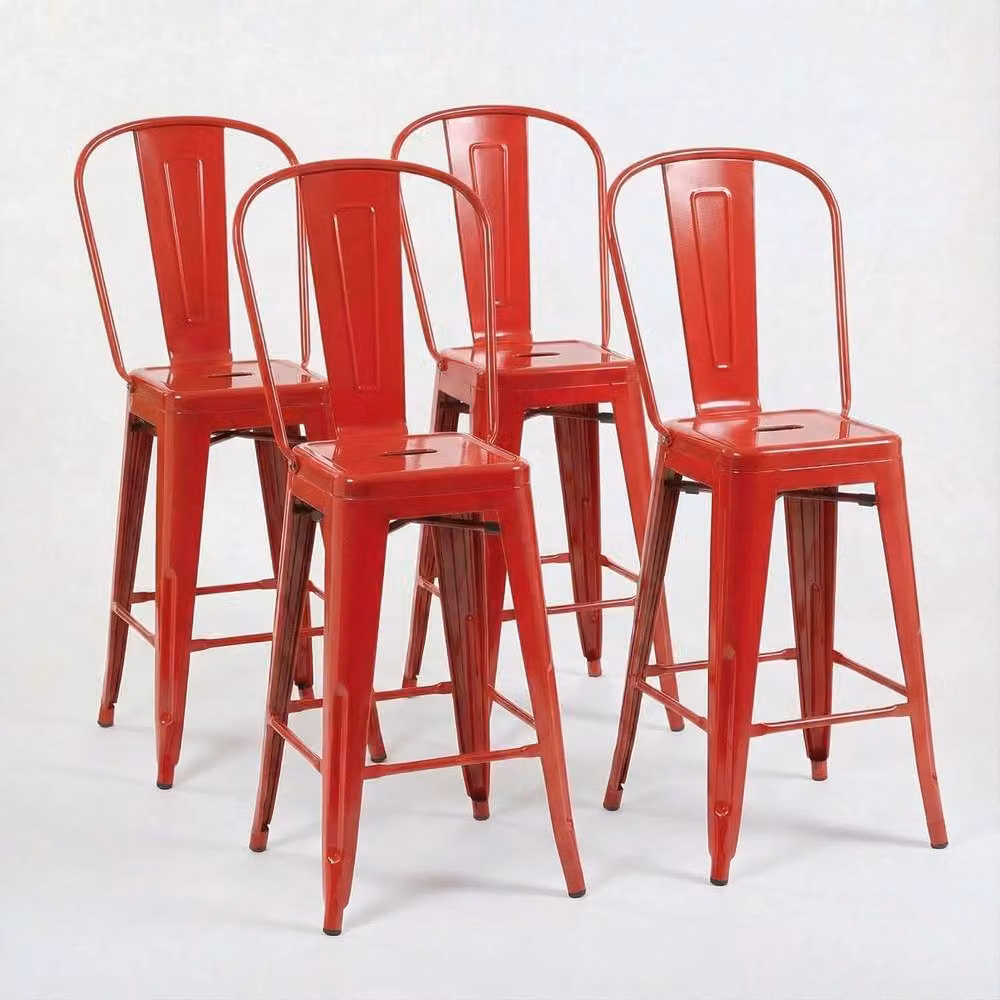 FWStyle Set of 4 Red Glossy Metal Bistro Bar Chairs H 102 x W 48 x D 44 cm – 3