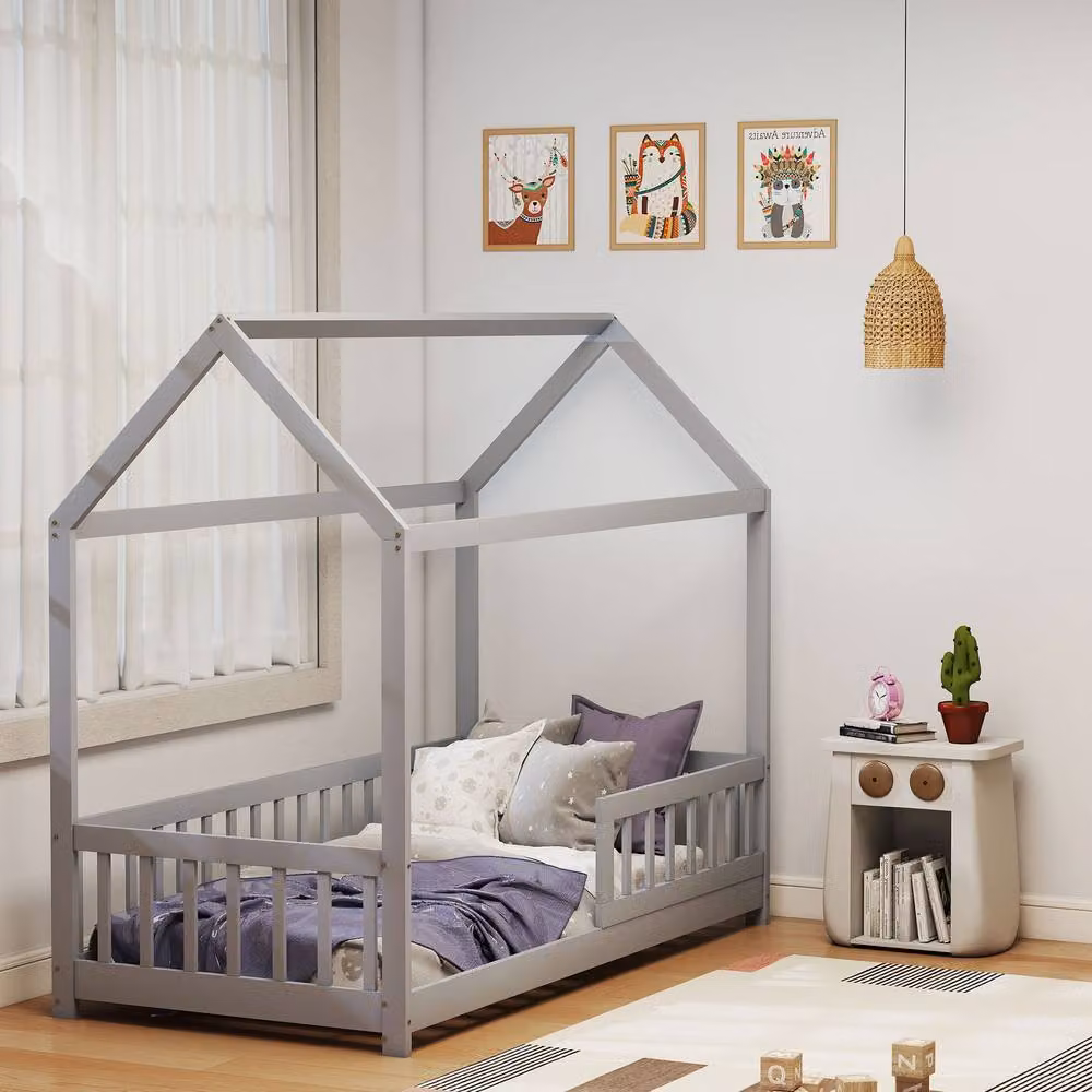 HOMCOM House-Shaped Kids Bed Frame with Guard Rails in Grey – 2