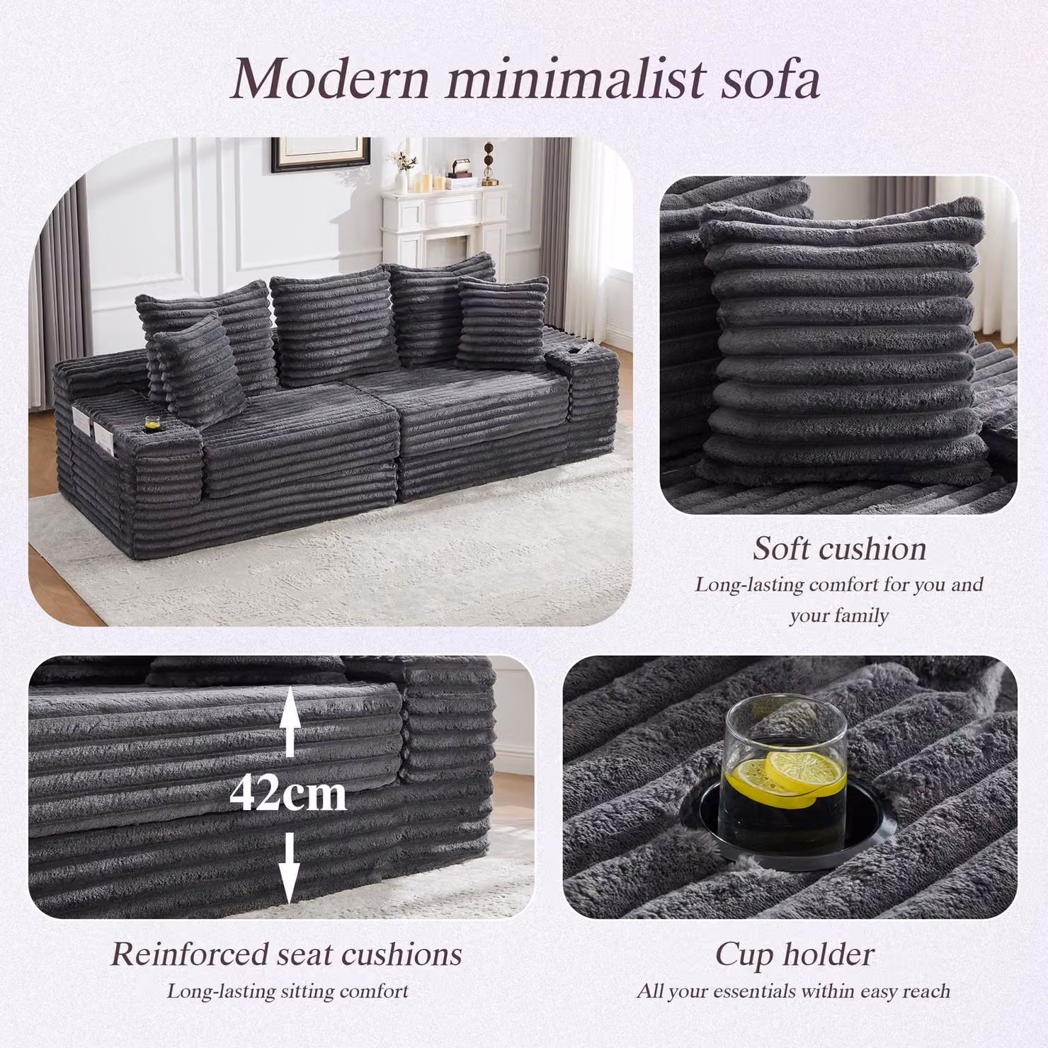 Aosom UK Dark Gray Ribbed Corduroy Convertible Sofa Bed with High Backrest, Extra Pillow and Dual Side Pockets, W/D/H: 38.5 x 107.5 x 34 cm – 6