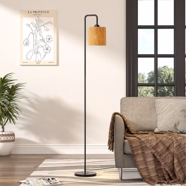 Lifeideas Minimalist Metal Floor Lamp with Fabric Cylinder Lampshade in Black and Brown