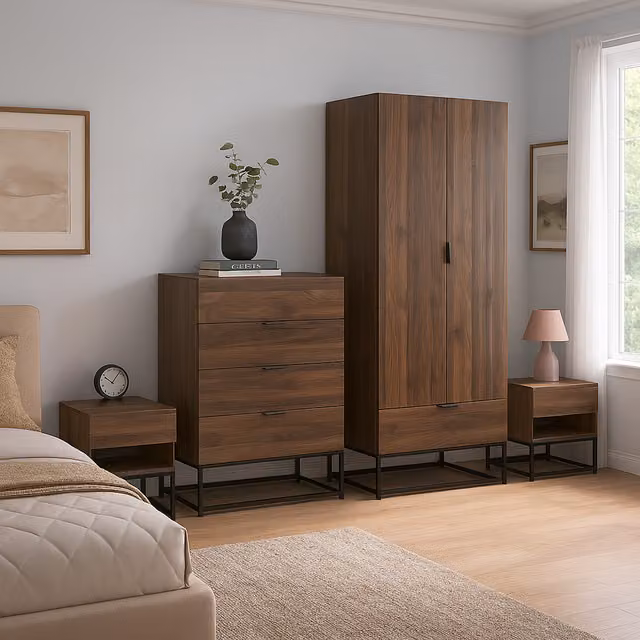 Birlea Houston Walnut Bedroom Furniture Bundle Including Wardrobe, Chest of Drawers and Bedside Tables in Brown