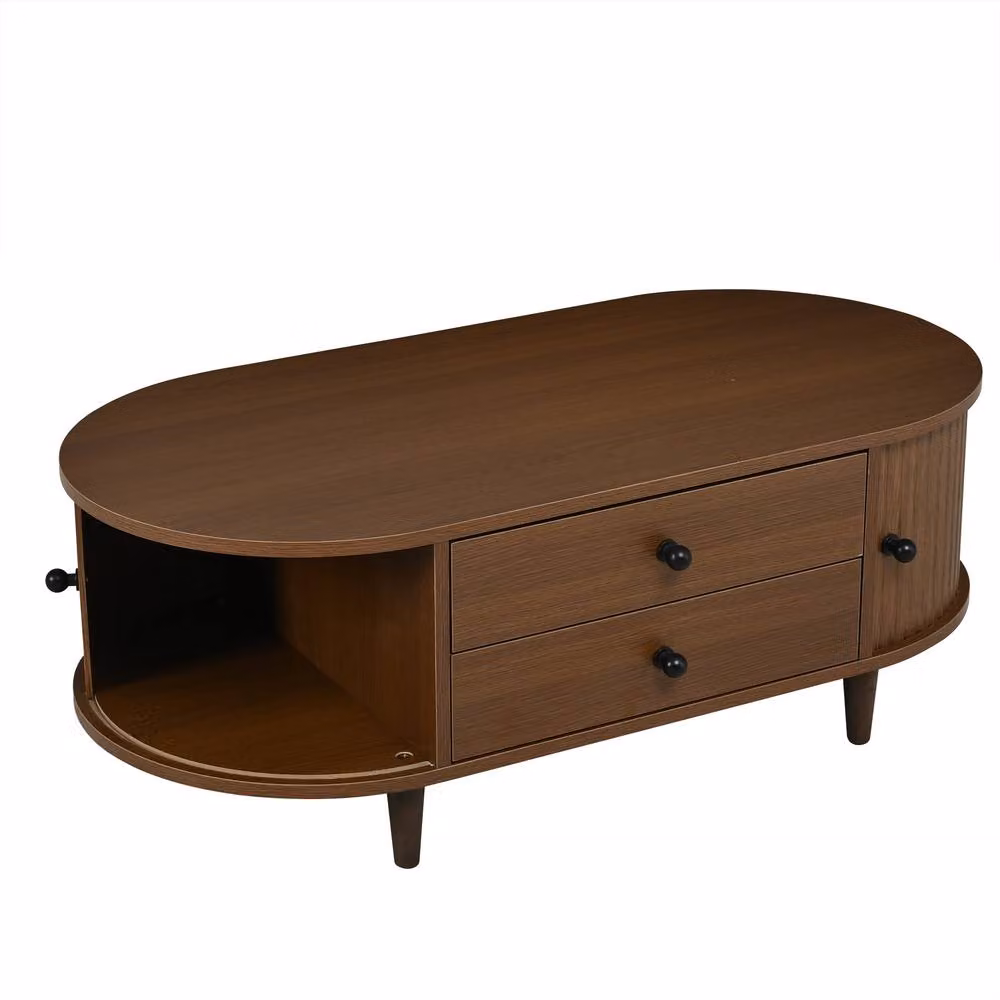 BTM Oval Coffee Table with Sliding Door Storage in Walnut Brown MDF – 5