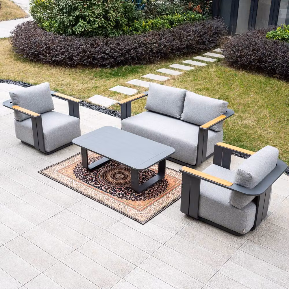 MIMO Garden 4-Seater Grey Aluminum Garden Sofa Set with Teak Armrests and Coffee Table – 1