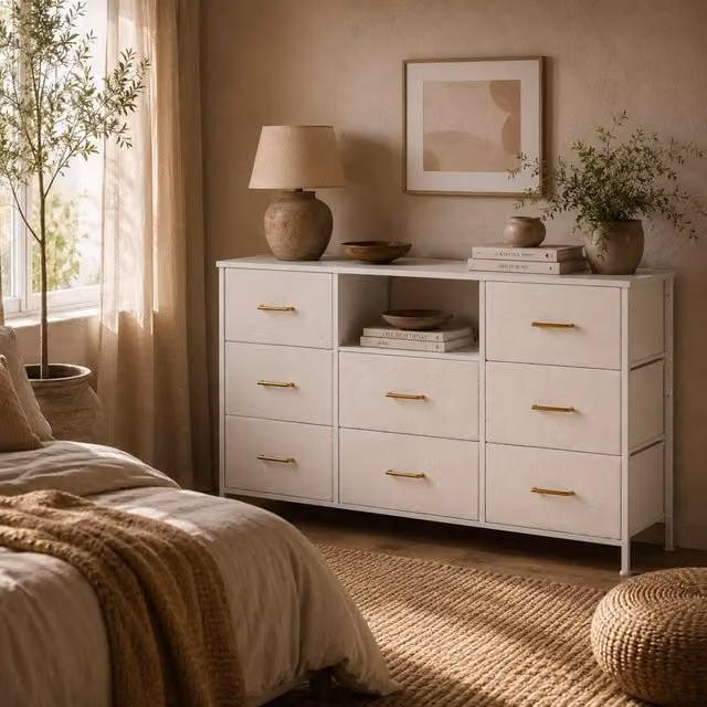 Wyld Haus Haso 8 Drawer Chest in Cream White Bouclé with Built-in Charging Station