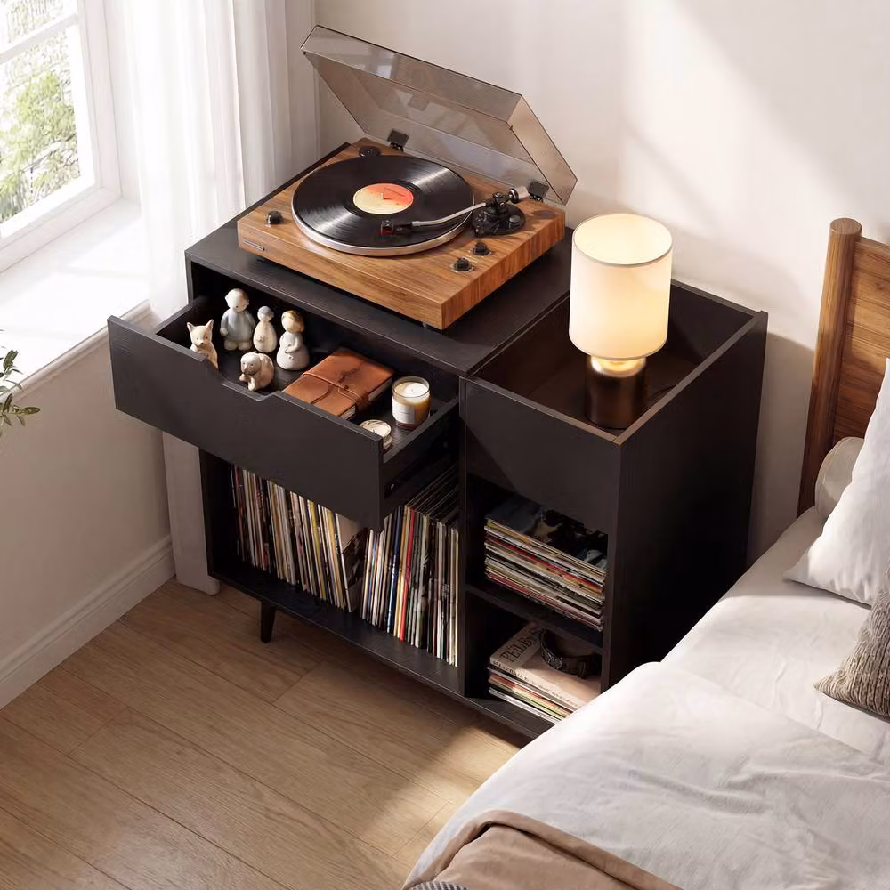 Gymax Industrial Turntable Record Player Stand and Vinyl Cabinet with Built-In Power Strip in Black – 2