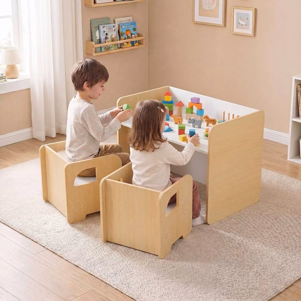 CASART 3-Piece Kids Table and Chair Set with Chalkboard in Natural Wood and Sand – 2
