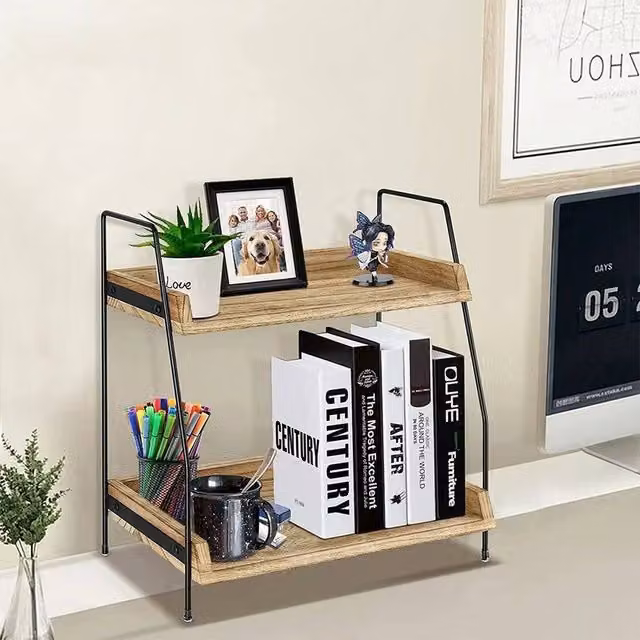 KORVIXA Double-Layer Desktop Storage Shelf in Brown, W/D/H: 50 x 38 x 50 cm