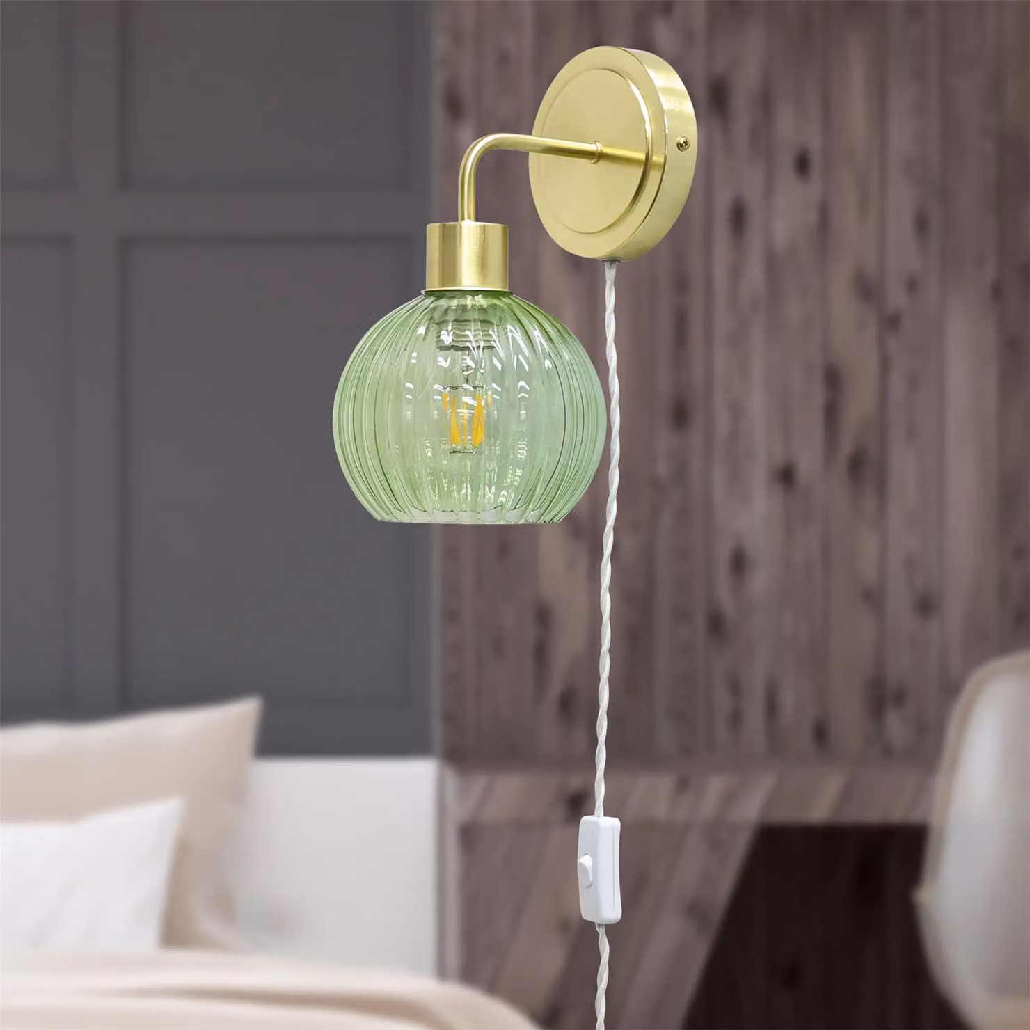 First Choice Lighting Toby Set of 2 Plug-in Wall Lights with Green Glass Ribbed Shades in Gold/Brass – 2