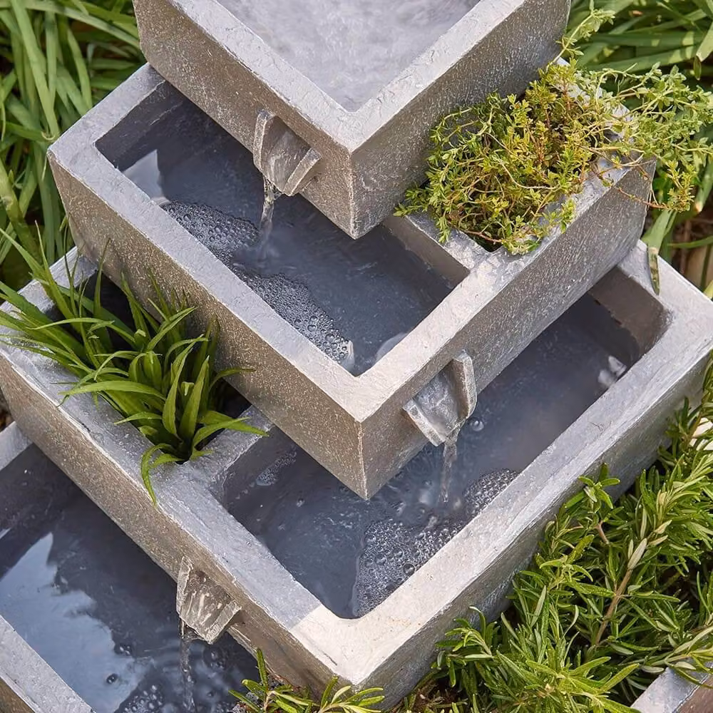 Primrose Perth 4-Tier Solar Powered Cascading Herb Planter Water Feature in Grey Stone, Height: 42 cm – 2