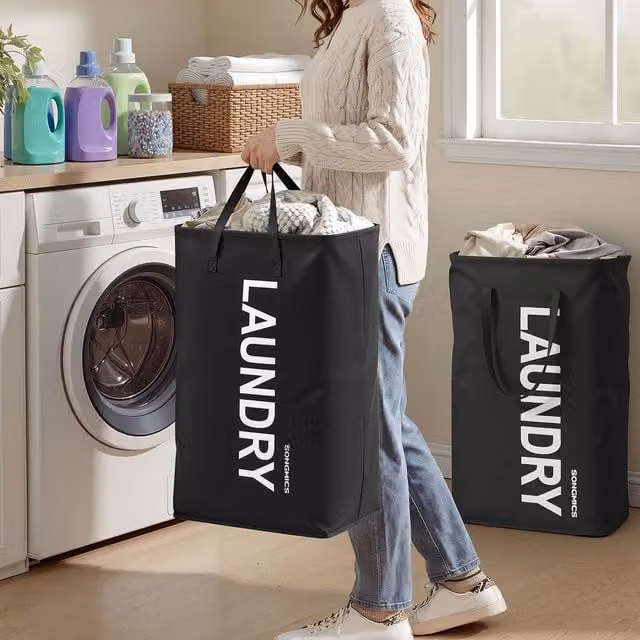 SONGMICS 2 Pack Collapsible Fabric Laundry Baskets with Handles, Black, W/D/H: 40 x 30 x 68 cm