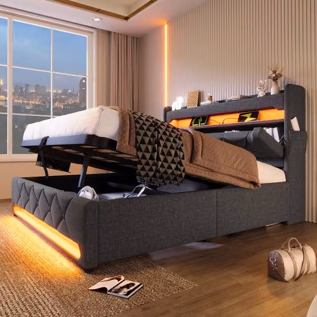 Merax Grey Upholstered Double Bed with Hydraulic Storage, LED Lighting and USB Charging Ports, W/D/H: 140 x 200 x 156 cm – 1