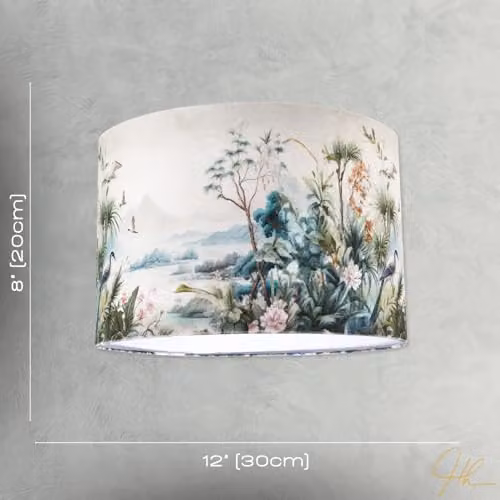 Happy Homewares Green Jungle and Mountain Velvet Fabric Lamp Shade with Pink Flowers and Birds, Diameter: 30 cm, Height: 20 cm – 3