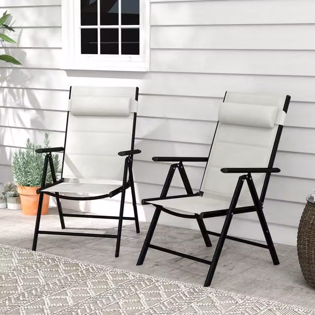 Outsunny Set of 2 Modern Padded Folding Patio Chairs in Light Grey