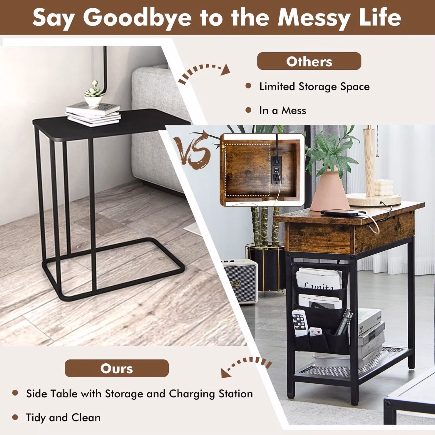 Costway Brown Narrow Side Table with Flip Top, Charging Station and Side Pocket – 6