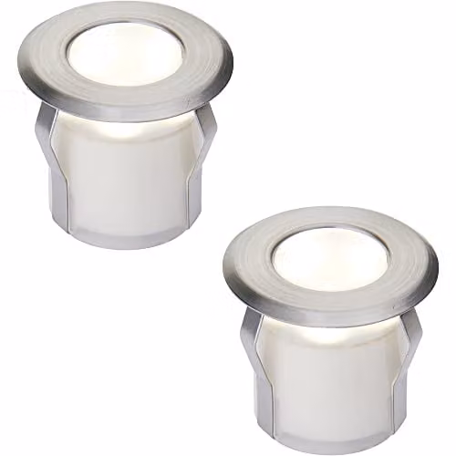Loops 2 Pack Recessed LED Decking Guide Lights in Silver Stainless Steel with Cool White Light, IP67 Rated and Saltwater Resistant
