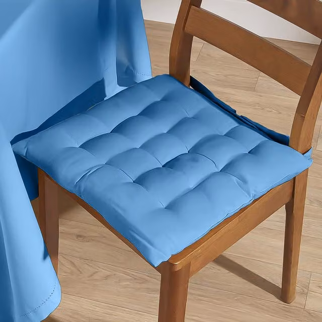 Homescapes Blue Cotton Square Seat Pad with Ties