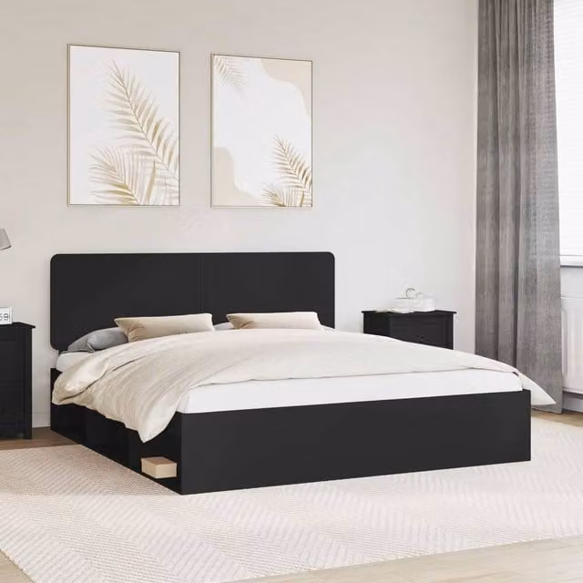 Berkfield Home Modern Bed Frame with Headboard in Black Solid Pine Wood and MDF, W/D/H: 180 x 200 cm