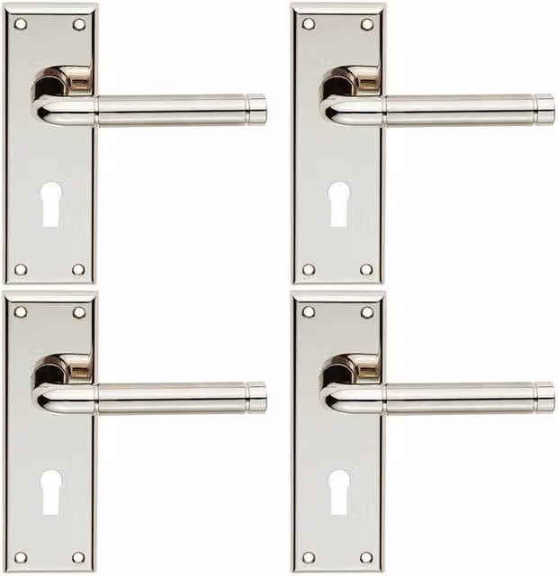 Loops 4x Pair Round Bar Handle on Lock Backplate in Polished and Satin Nickel, Silver, W: 150 mm, H: 50 mm