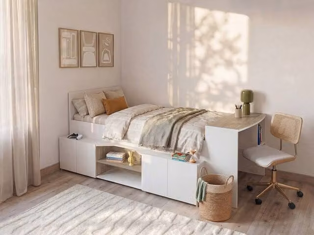 Vente-unique Single Combined Bed with Desk and Storage in White and Black, W/D/H: 90 x 200 cm – 1