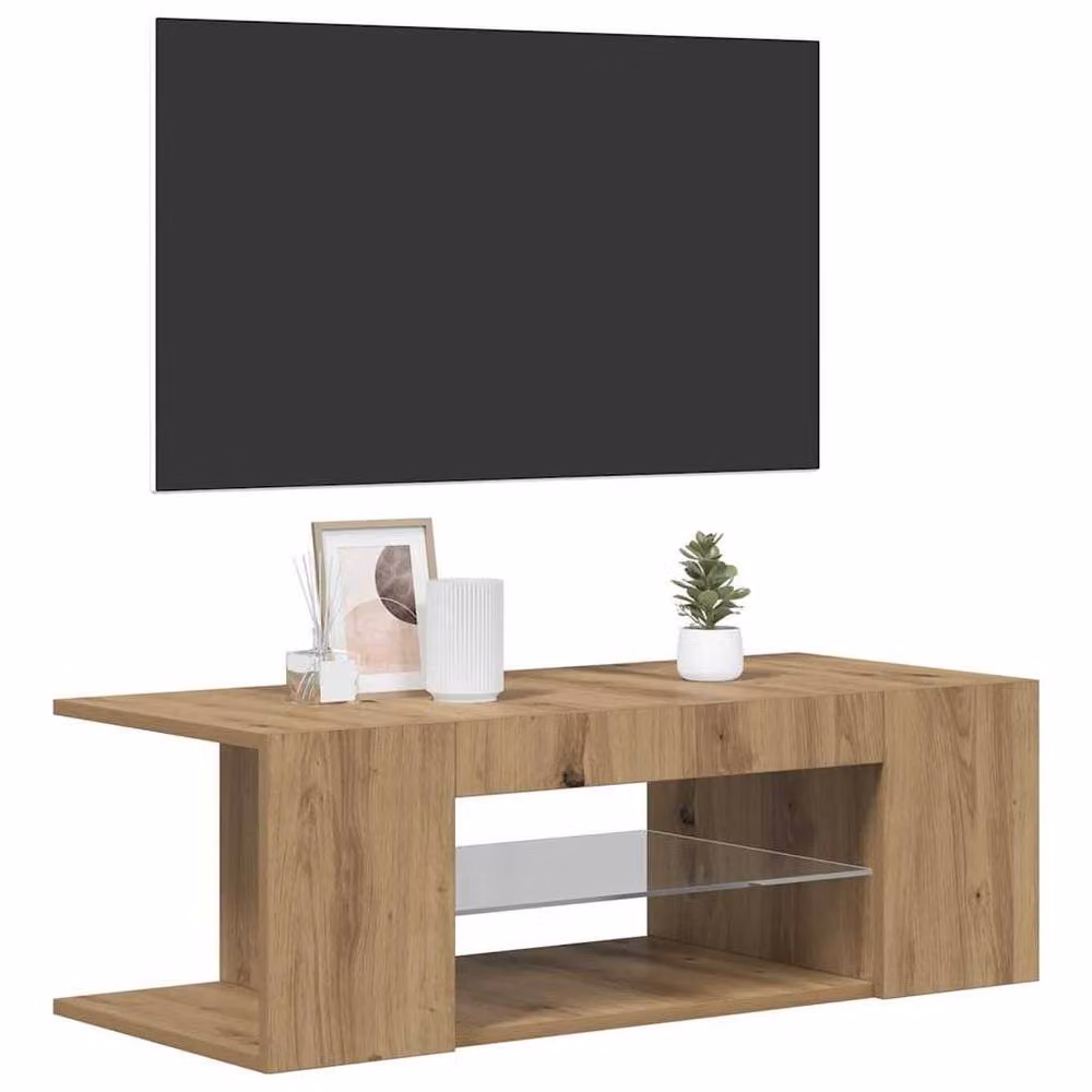 Berkfield Home Artisan Oak TV Cabinet with LED Lights in Brown, W/D/H: 90 x 39 x 30 cm – 5