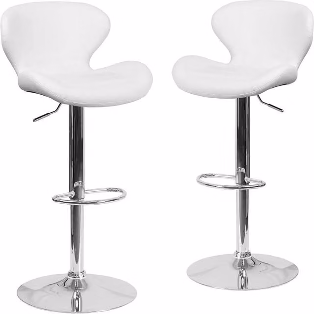 ERGOVEXA Set of 2 White Faux Leather Bar Stools with Chrome Metal Base and Footrest