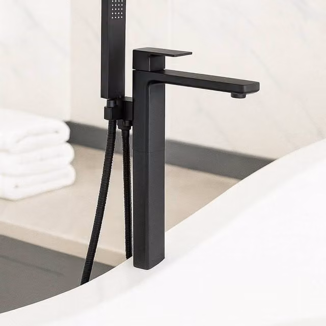 Bathroom Kingdom Quadrado Matt Black Square Freestanding Bath Tap with Shower Mixer