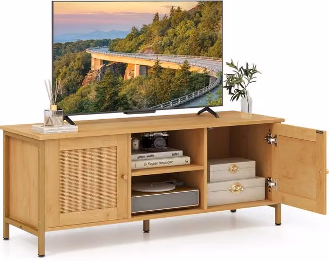 Costway Boho Wood and Metal TV Stand in Brown for Living Rooms