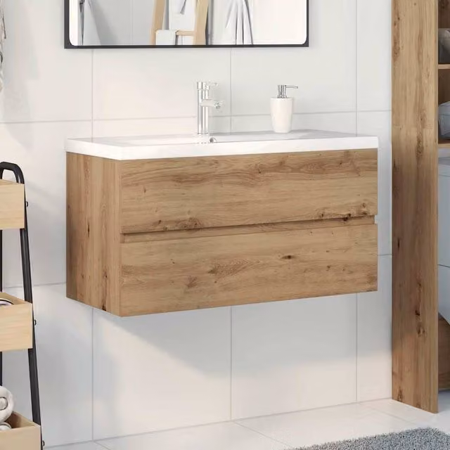 Berkfield Home Freestanding Sink Cabinet with Built-in Basin and Faucet in Artisan Oak Brown, H: 90 cm, W: 45 cm, D: 38.5 cm – 1