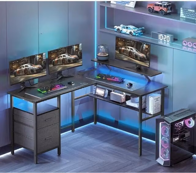 The Bazaarist L-Shaped Gaming Desk with Built-In Power Outlets and LED Lighting in Black
