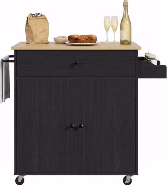HOMCOM Black Kitchen Island with Drop Leaf and Rolling Storage Trolley