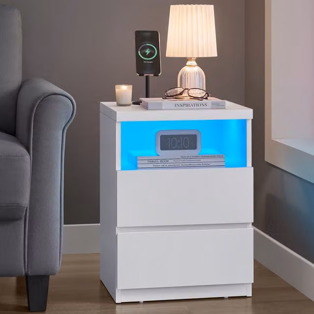 VASAGLE Set of 2 White Minimalist LED Nightstands with Drawers