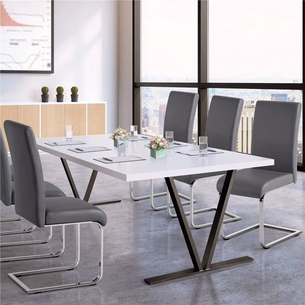 Kelvenix Set of 2 Modern Grey Leather Dining Chairs with Cantilever Metal Base – 3