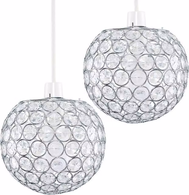 ValueLights Pair of Silver Ceiling Pendant Shades with Transparent Acrylic Crystal Effect Droplets
