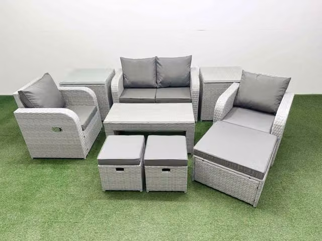 Fimous 7 Seater Light Grey PE Wicker Rattan Garden Furniture Set with Reclining Adjustable Chairs, Oblong Coffee Table, 3 Stools and 2 Side Tables