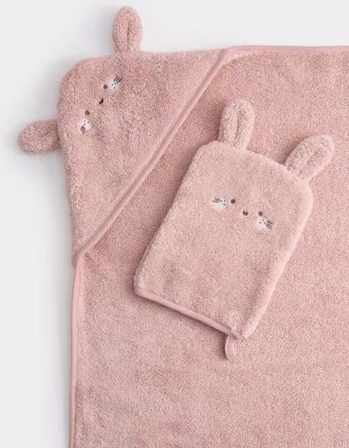 M&S Pink Pure Cotton Bunny Hooded Bath Towel and Washcloth Set